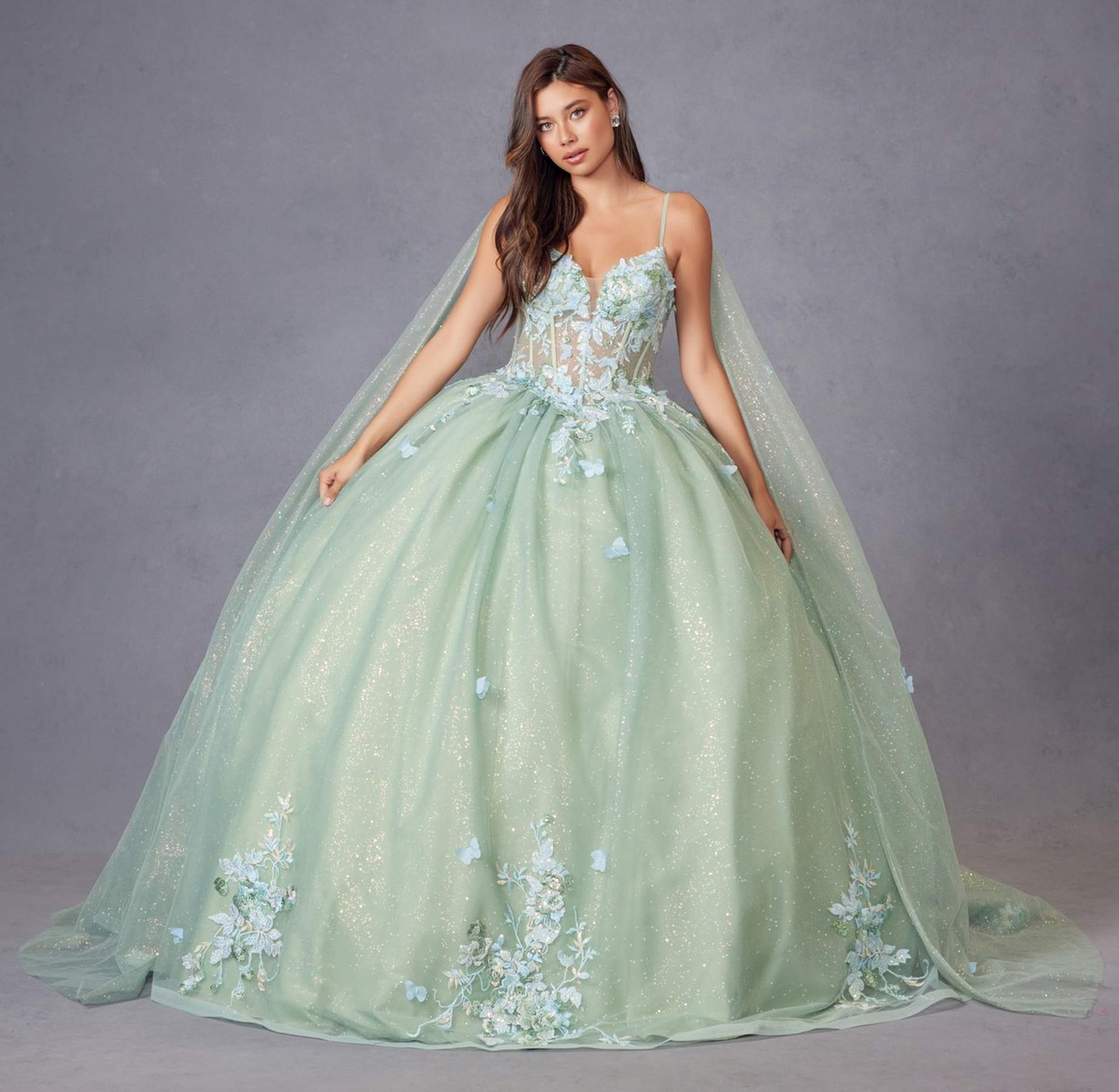 Juliet JT1466H Dress 3D Multi Floral Applique Cape Sleeve Quinceanera Gown - Luzilly Bridal & Apparel