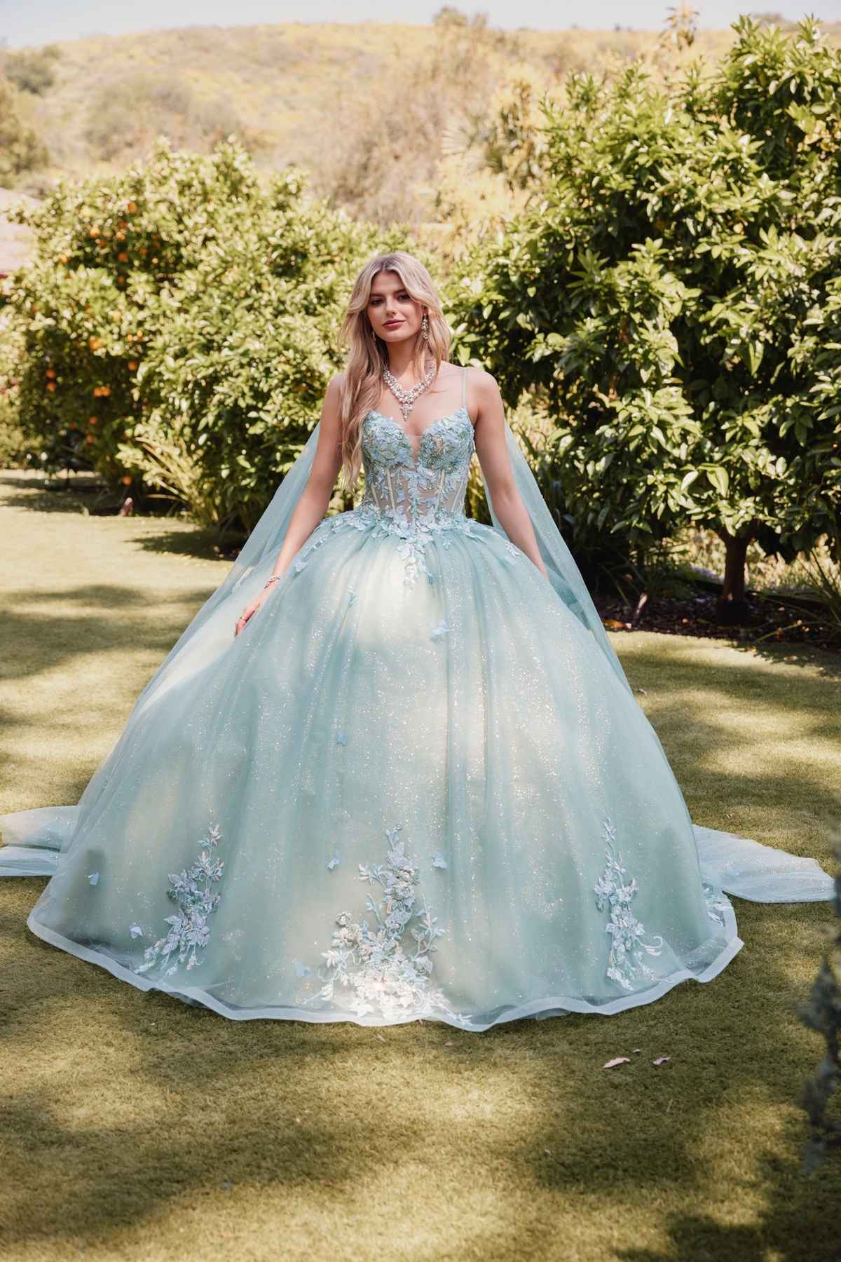 Juliet JT1466H Dress 3D Multi Floral Applique Cape Sleeve Quinceanera Gown - Luzilly Bridal & Apparel