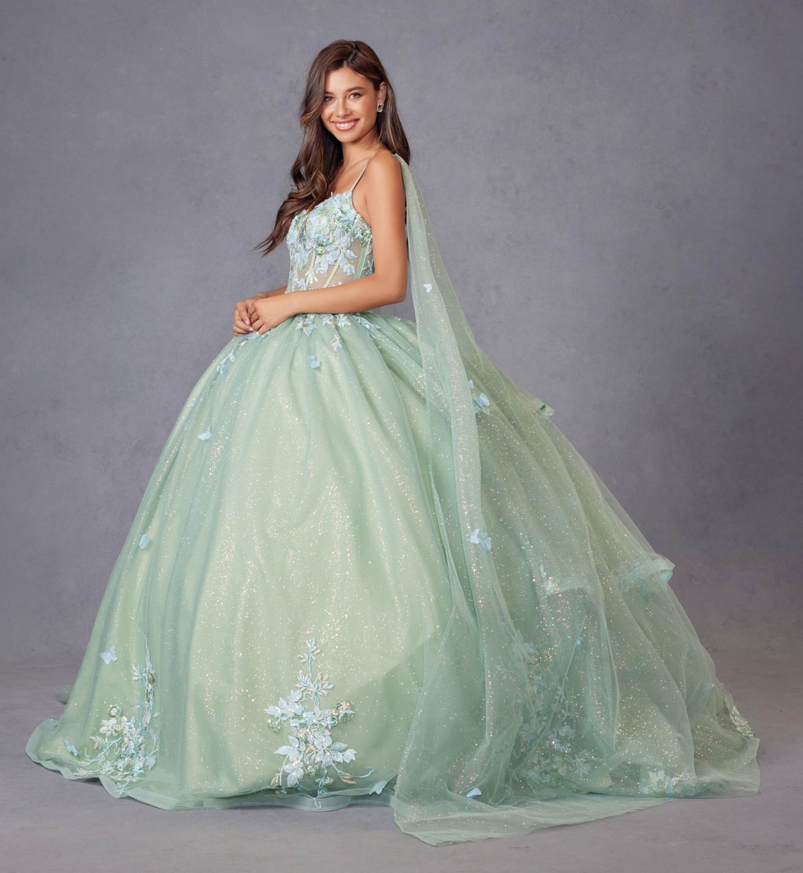 Juliet JT1466H Dress 3D Multi Floral Applique Cape Sleeve Quinceanera Gown - Luzilly Bridal & Apparel