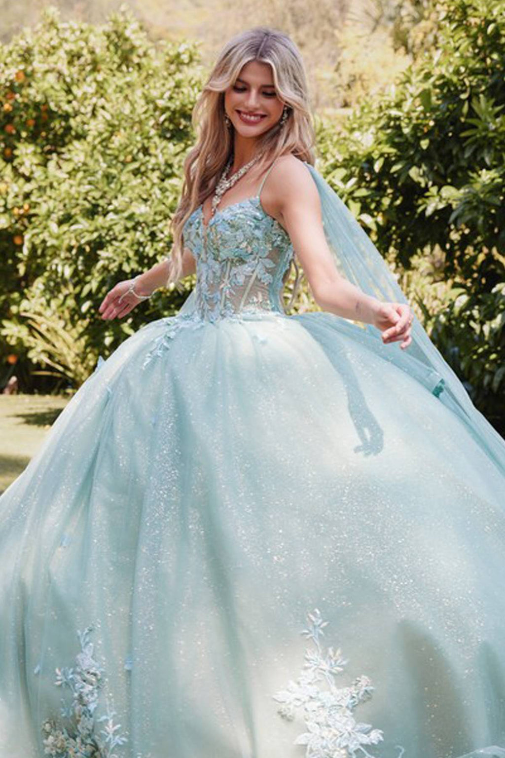 Juliet JT1466H Dress 3D Multi Floral Applique Cape Sleeve Quinceanera Gown - Luzilly Bridal & Apparel