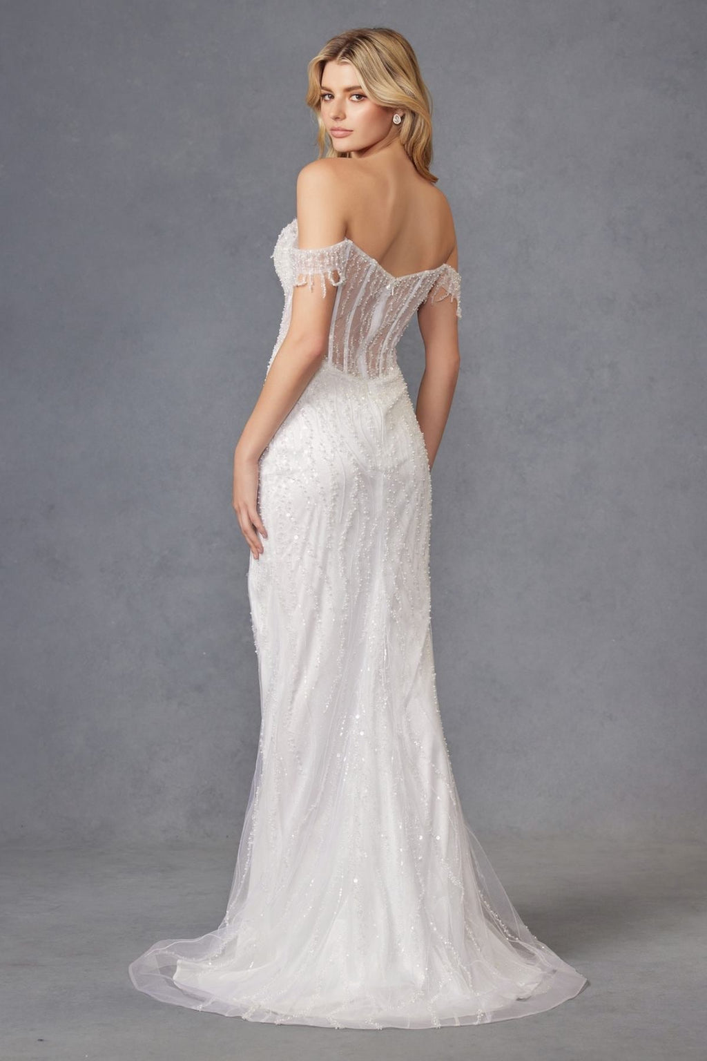Juliet JT2471LW Long Off the Shoulder Fringe Sleeve Fitted Wedding Gown - Luzilly Bridal & Apparel