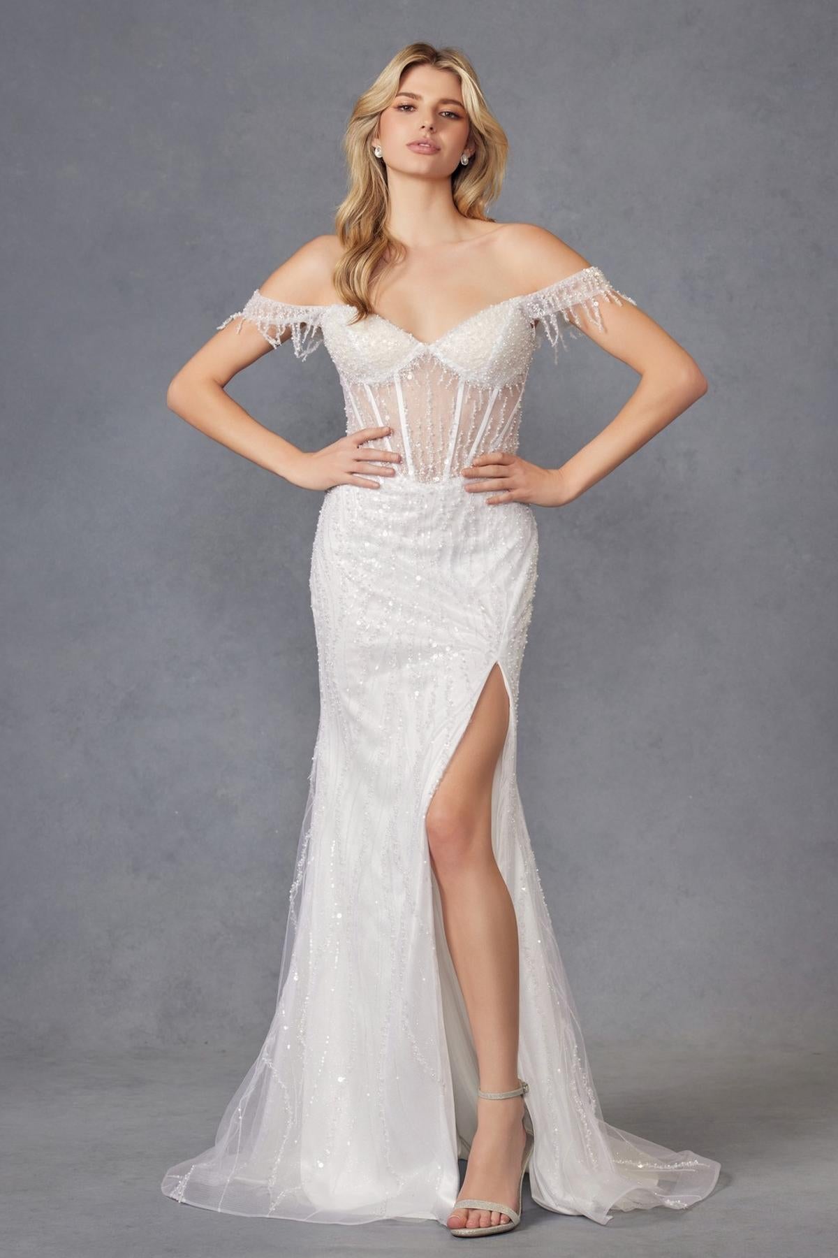 Juliet JT2471LW Long Off the Shoulder Fringe Sleeve Fitted Wedding Gown - Luzilly Bridal & Apparel