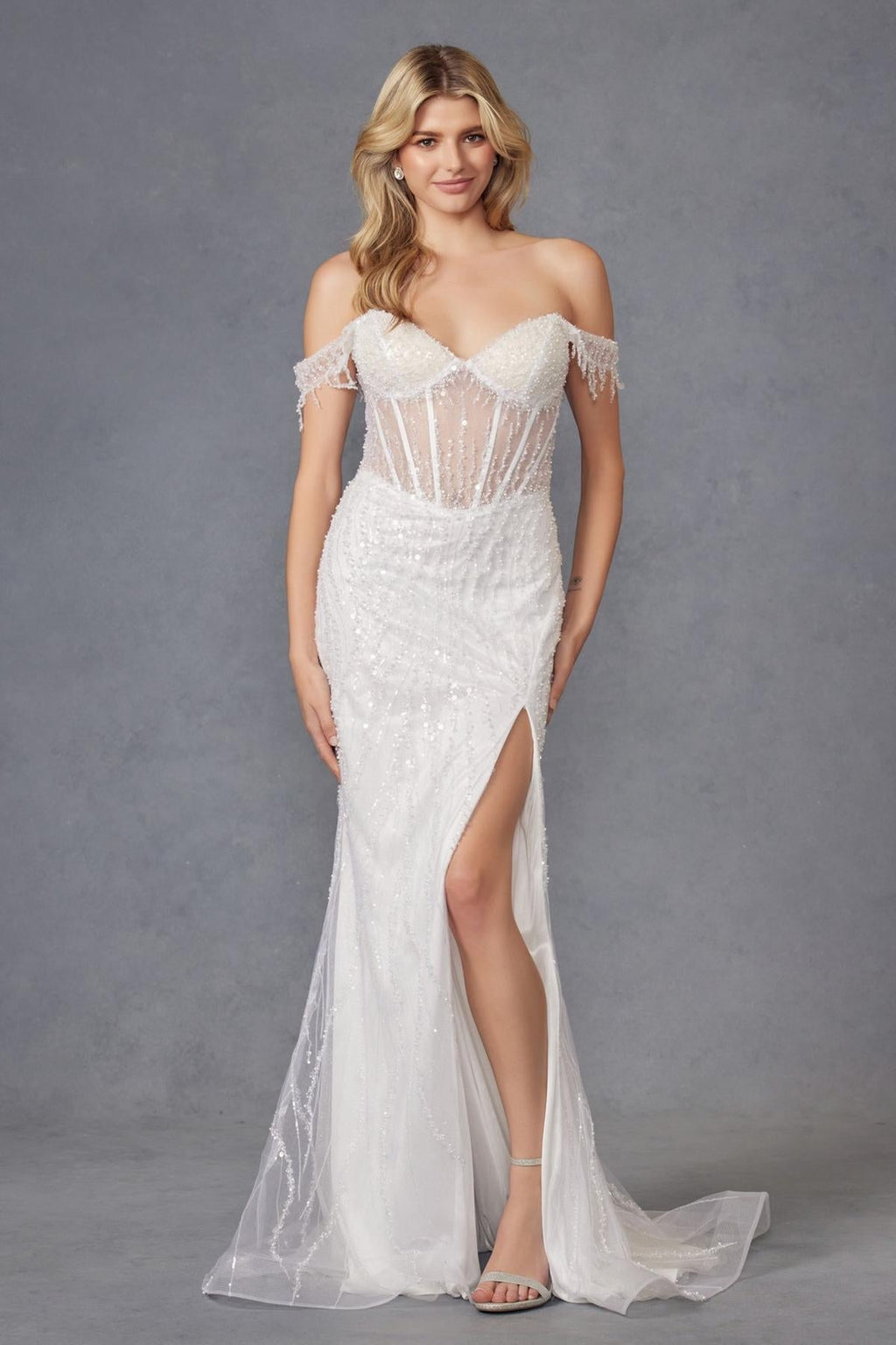 Juliet JT2471LW Long Off the Shoulder Fringe Sleeve Fitted Wedding Gown - Luzilly Bridal & Apparel
