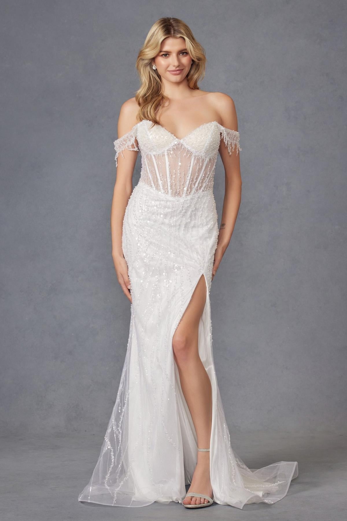 Juliet JT2471LW Long Off the Shoulder Fringe Sleeve Fitted Wedding Gown - Luzilly Bridal & Apparel