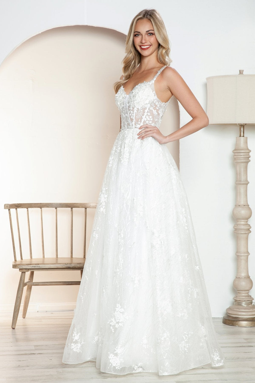 Juliet JT2495AW Long A-Line Floral Lace Bridal Gown - Luzilly Bridal & Apparel