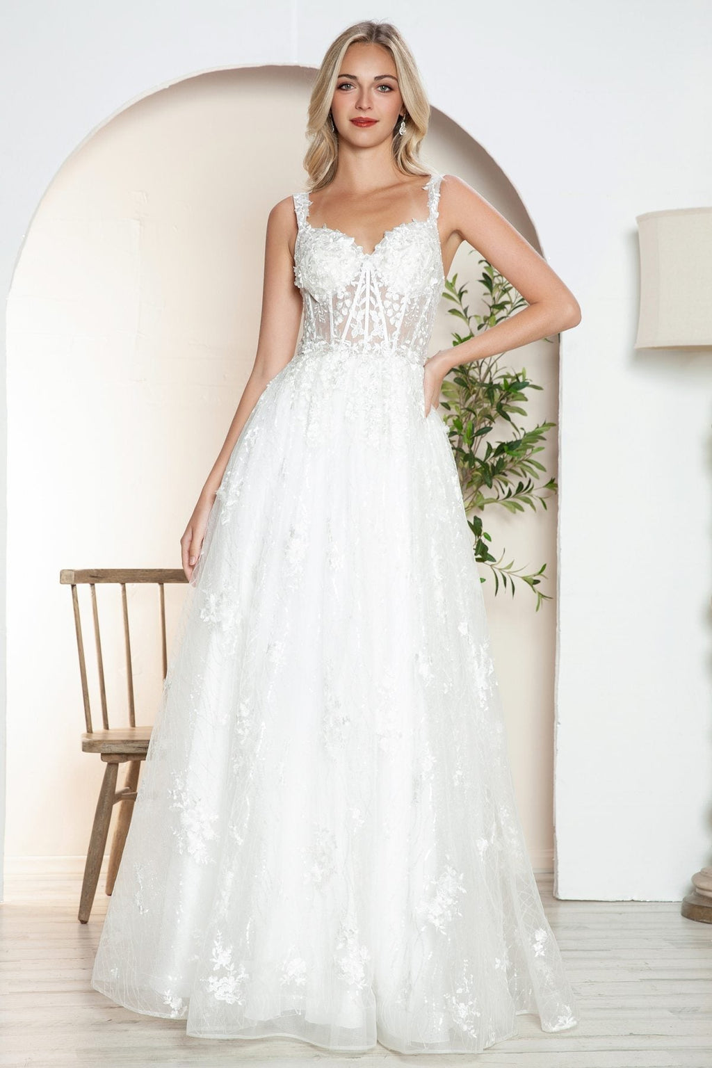 Juliet JT2495AW Long A-Line Floral Lace Bridal Gown - Luzilly Bridal & Apparel