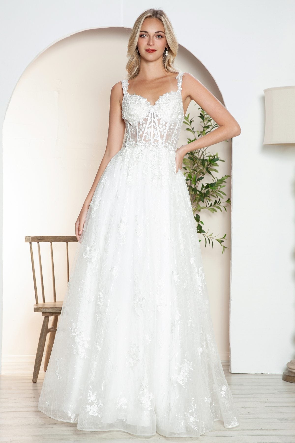Juliet JT2495AW Long A-Line Floral Lace Bridal Gown - Luzilly Bridal & Apparel