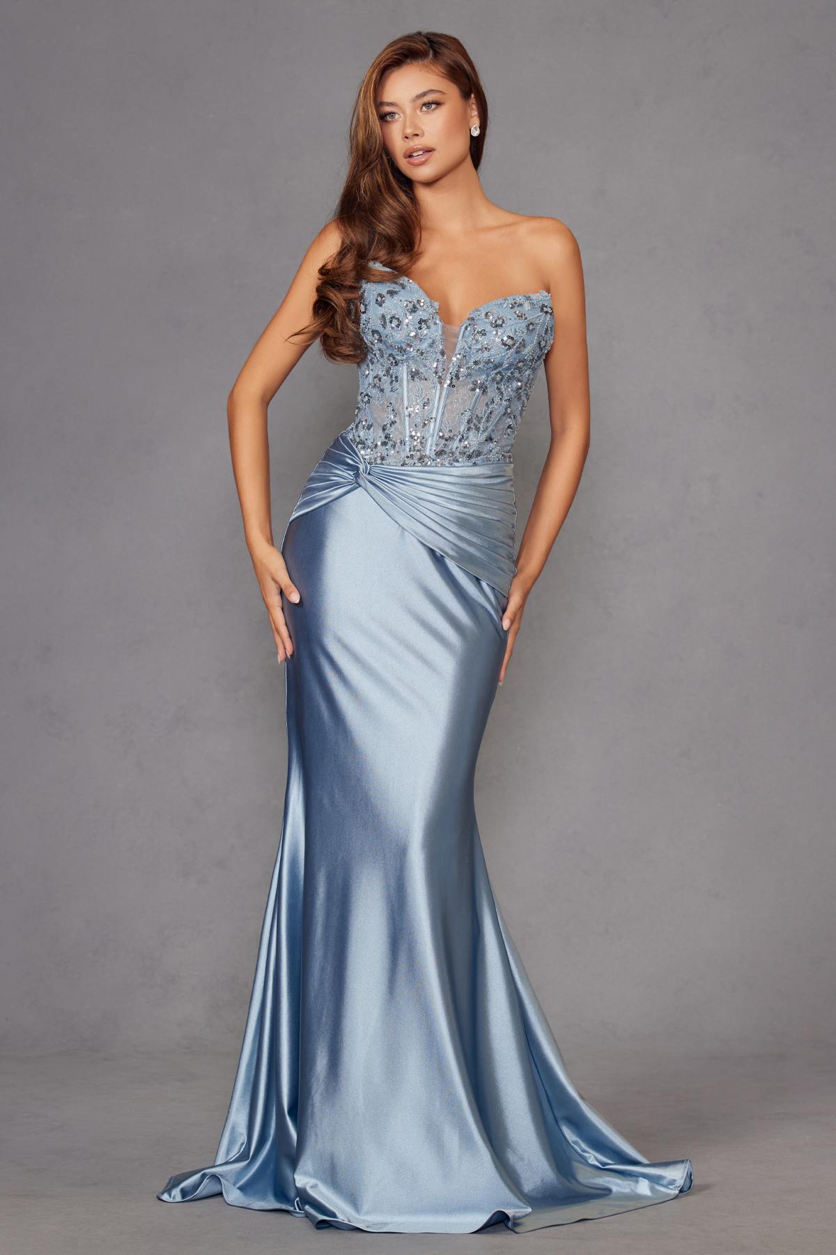 Juliet JT2534K Strapless Sweetheart Boned Corset Satin Prom Gown - Luzilly Bridal & Apparel