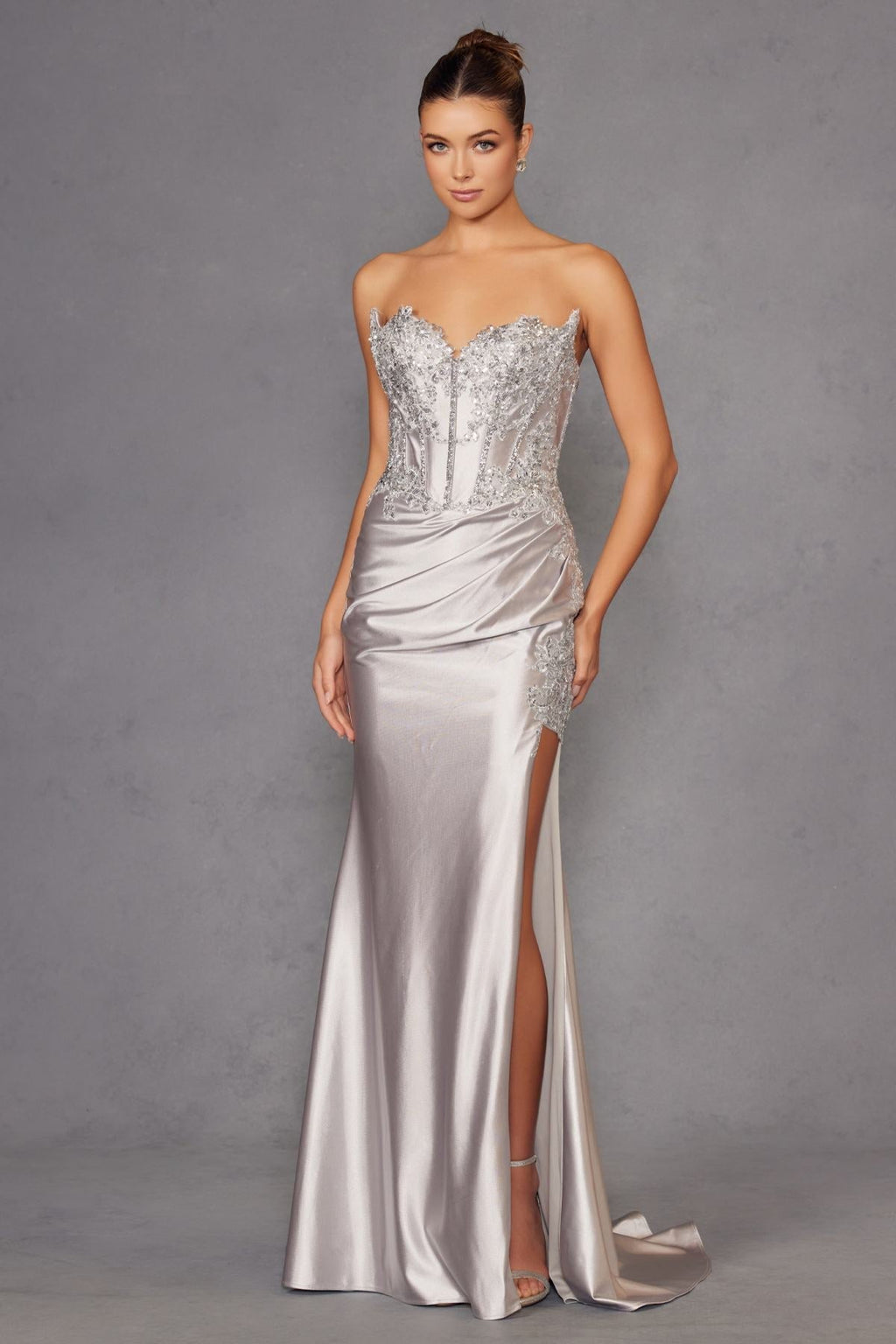 Juliet JT2536K Strapless Sweetheart Corset Back Fitted Satin Prom Gown - Luzilly Bridal & Apparel