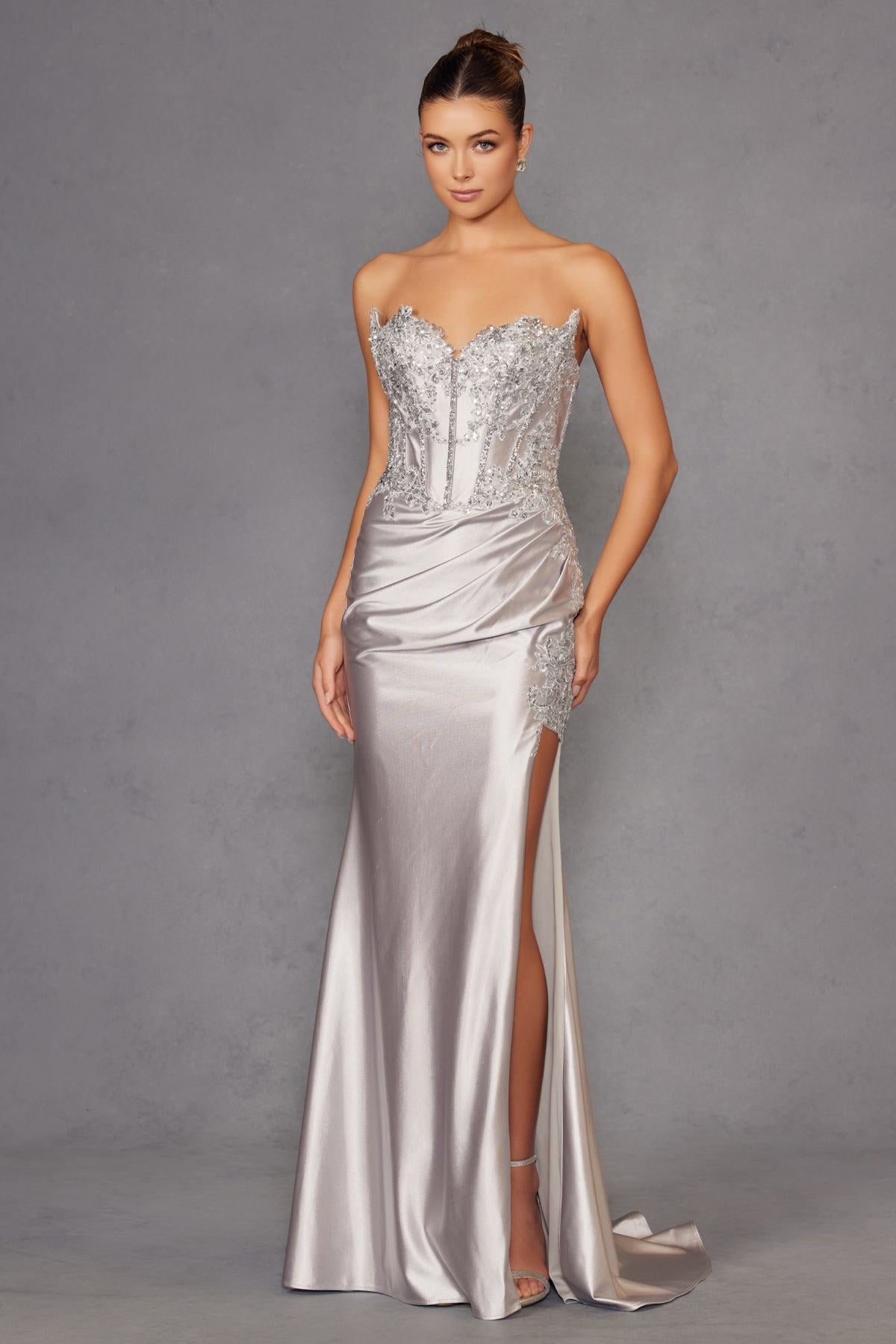 Juliet JT2536K Strapless Sweetheart Corset Back Fitted Satin Prom Gown - Luzilly Bridal & Apparel
