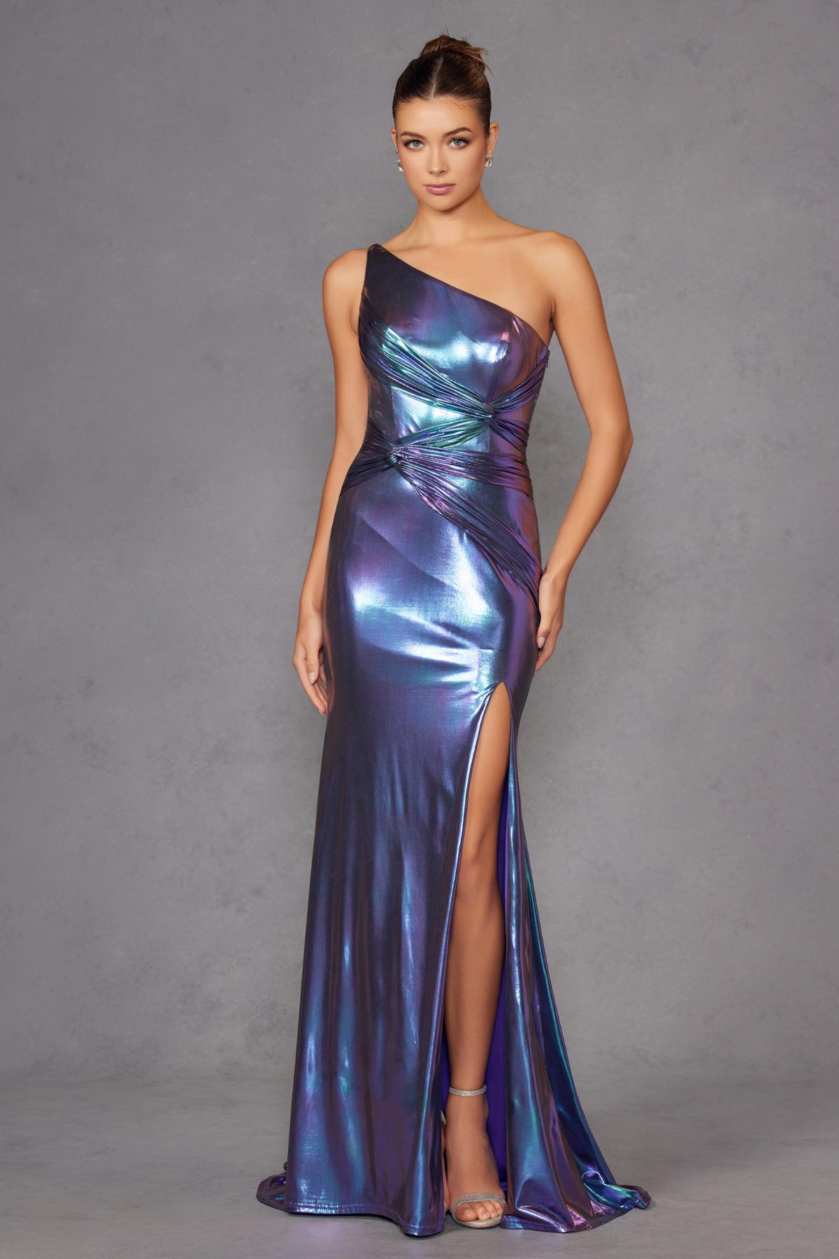 Juliet JT2910H Long Metallic Fitted One Shoulder Prom Gown - Luzilly Bridal & Apparel