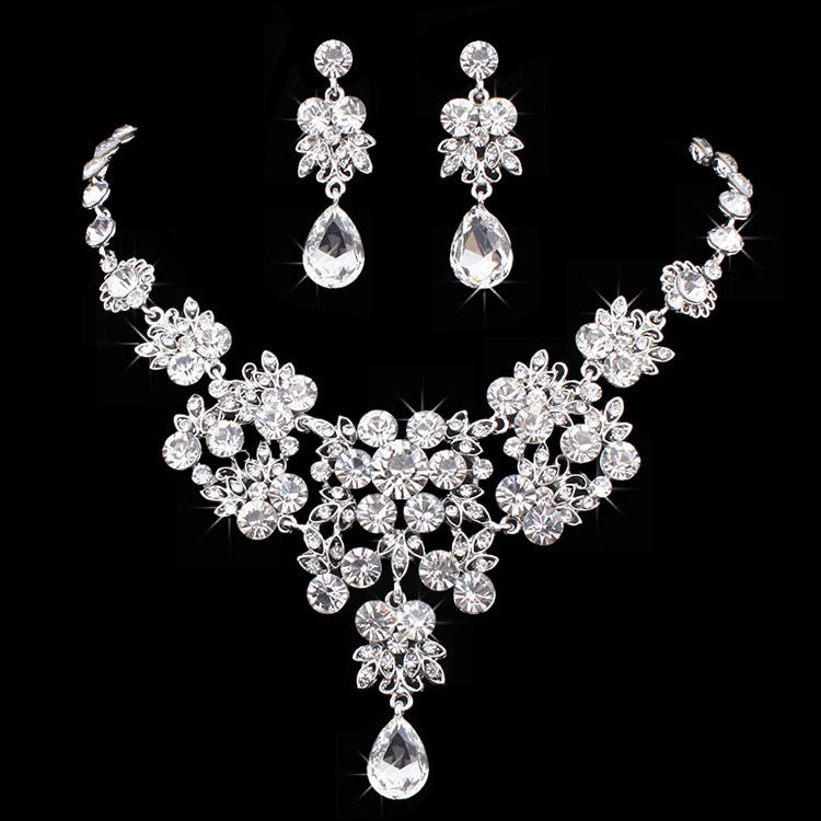 Korean Bridal Jewelry Korean Rhinestone Curvy Bridal Collarbone Necklace Wedding Accessories Two-Piece Set - Luzilly Bridal & Apparel