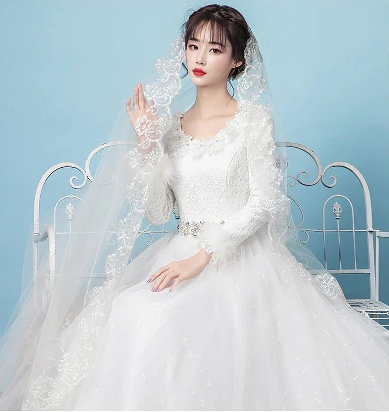 Korean Lace Long-Sleeve Princess Ball Gown Wedding Dress - Luzilly Bridal & Apparel