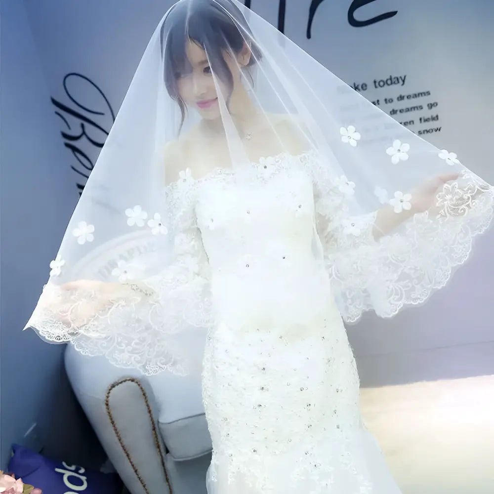 Korean Lace Petal Bridal Veil with Floral Embroidery - Luzilly Bridal & Apparel