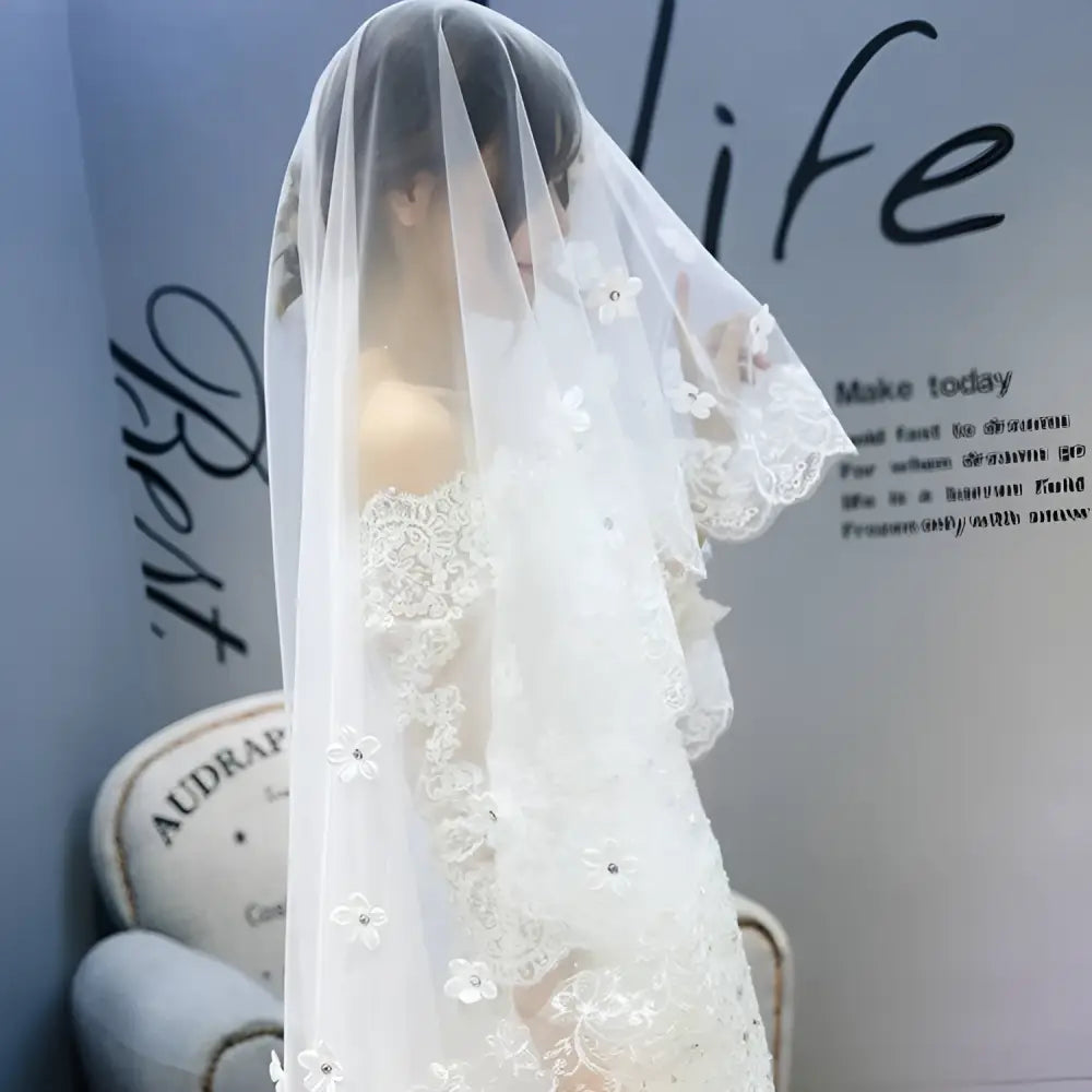 Korean Lace Petal Bridal Veil with Floral Embroidery