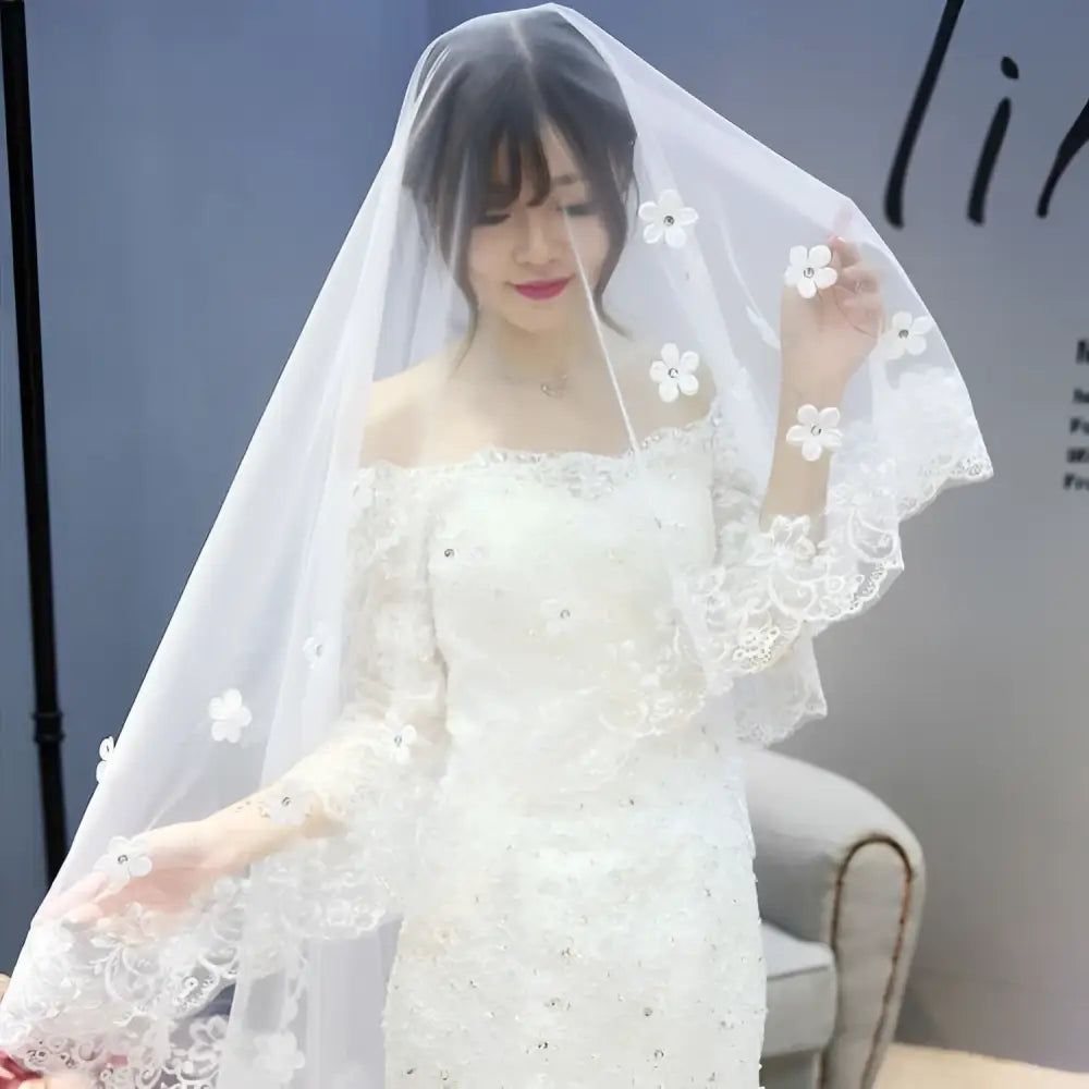 Korean Lace Petal Bridal Veil with Floral Embroidery