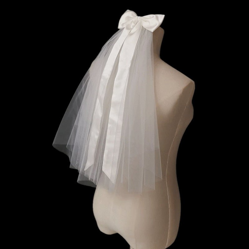 Korean-Style Short Veil with Satin Bow - Luzilly Bridal & Apparel