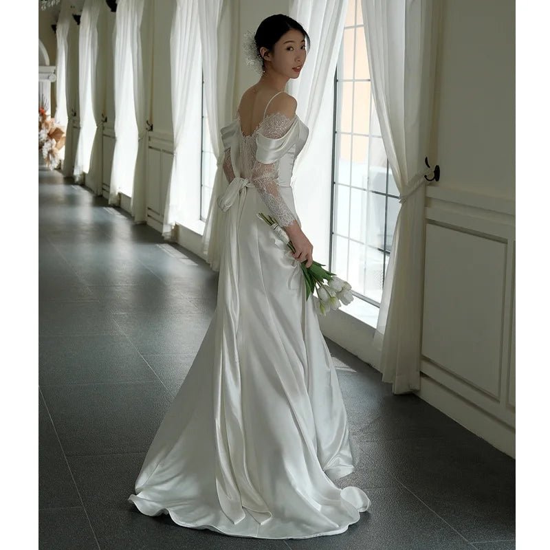 Korean-Style Satin Mermaid Wedding Dress with Lace and Chapel Train - Luzilly Bridal & Apparel