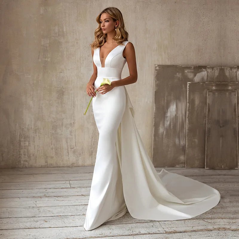 Korean-Style Slim Satin Wedding Dress with Lace Accents - Luzilly Bridal & Apparel