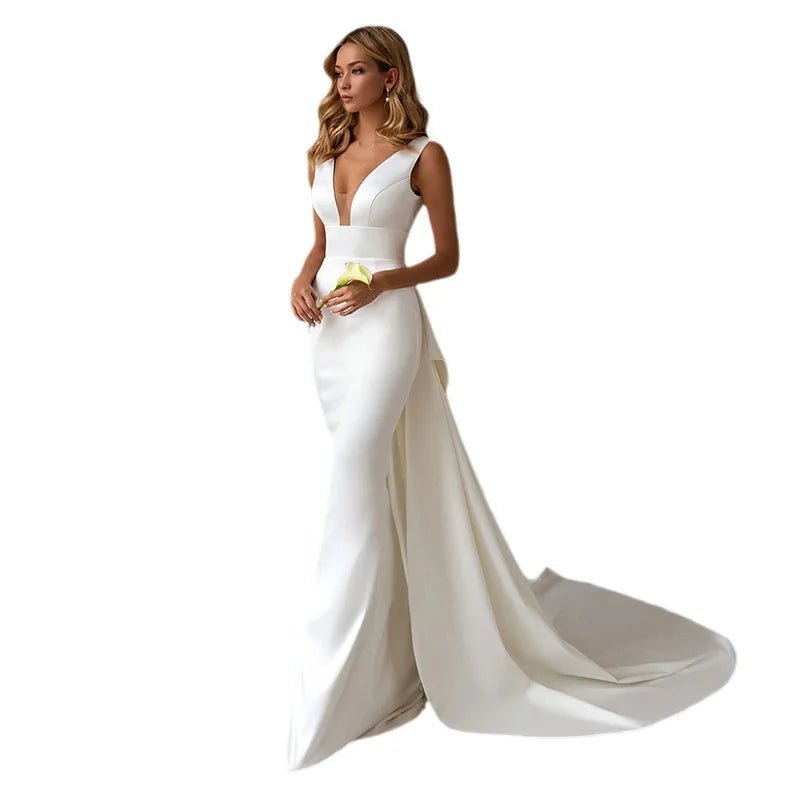 Korean-Style Slim Satin Wedding Dress with Lace Accents - Luzilly Bridal & Apparel