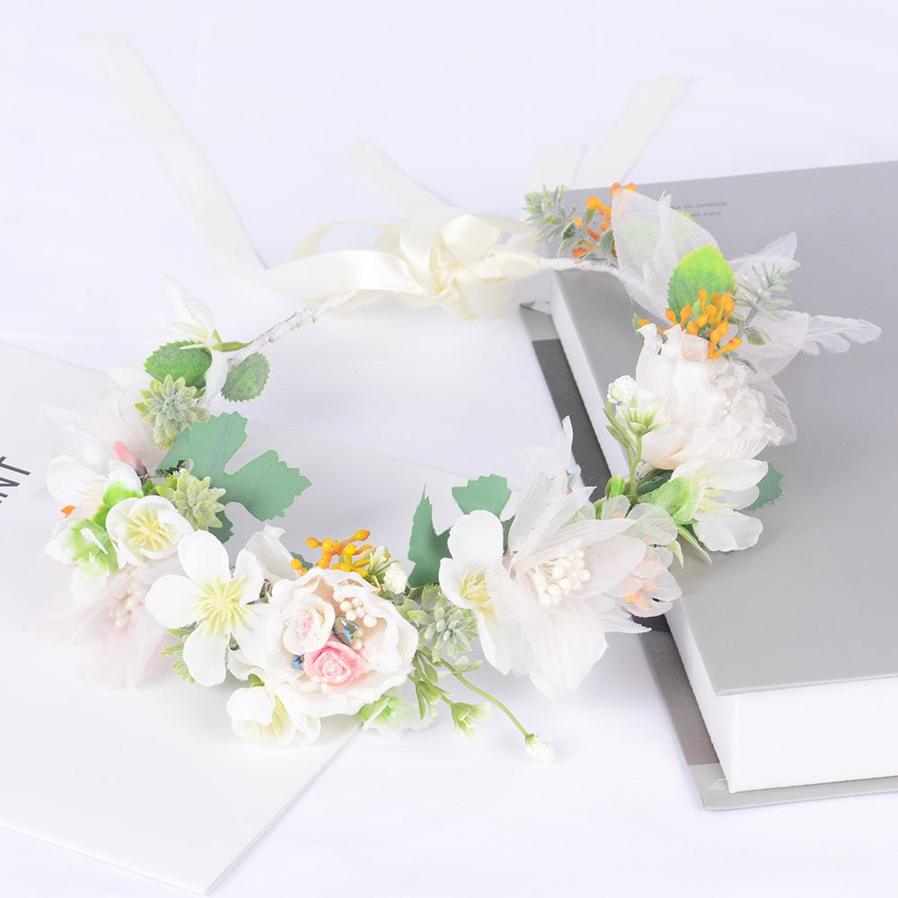 Korean style super fairy bride headdress simulation flower green leaf hair accessory sweet girl Hanfu wedding headdress wreath - Luzilly Bridal & Apparel