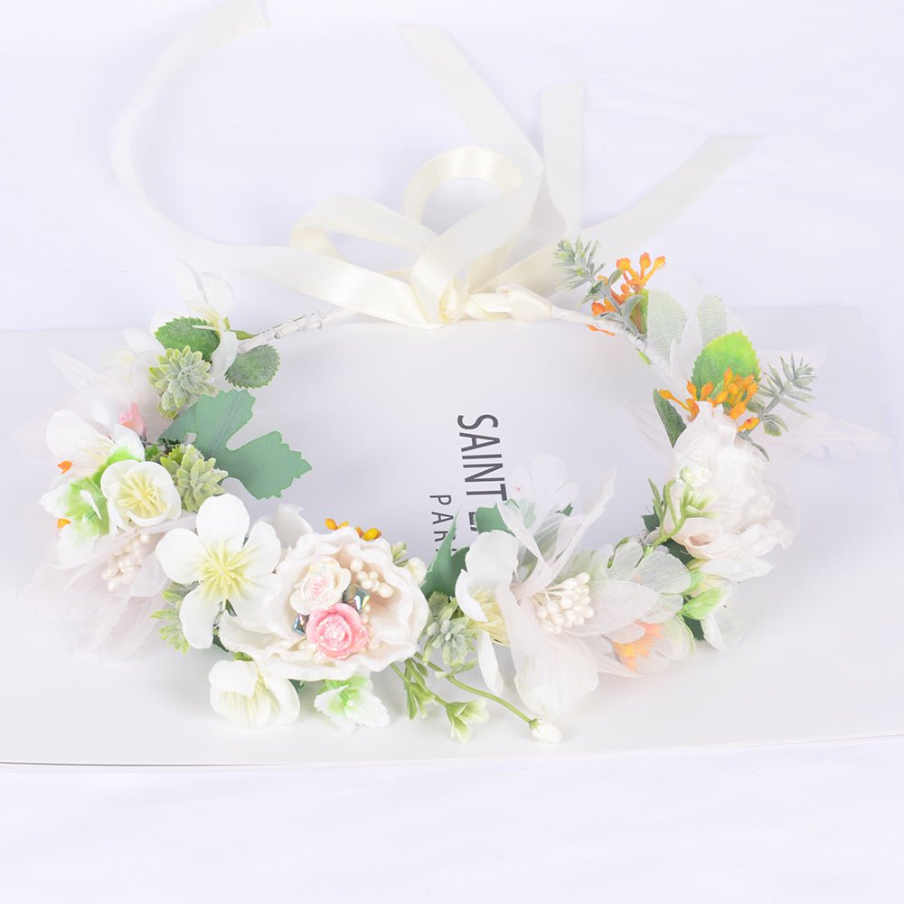 Korean style super fairy bride headdress simulation flower green leaf hair accessory sweet girl Hanfu wedding headdress wreath - Luzilly Bridal & Apparel