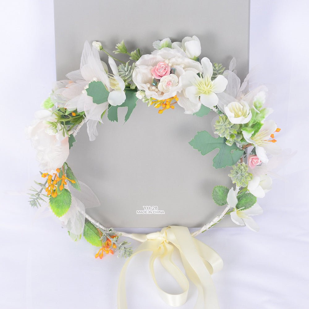 Korean style super fairy bride headdress simulation flower green leaf hair accessory sweet girl Hanfu wedding headdress wreath - Luzilly Bridal & Apparel