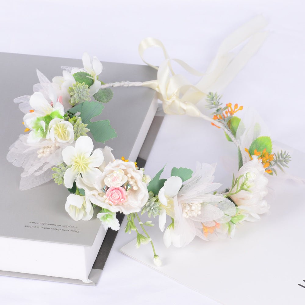Korean style super fairy bride headdress simulation flower green leaf hair accessory sweet girl Hanfu wedding headdress wreath - Luzilly Bridal & Apparel