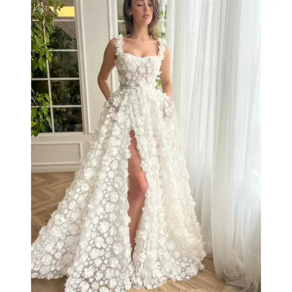 Kyoto Beige Wedding Dress | 3D Flower Lace-Up Back Gown -femstylo - Luzilly Bridal & Apparel