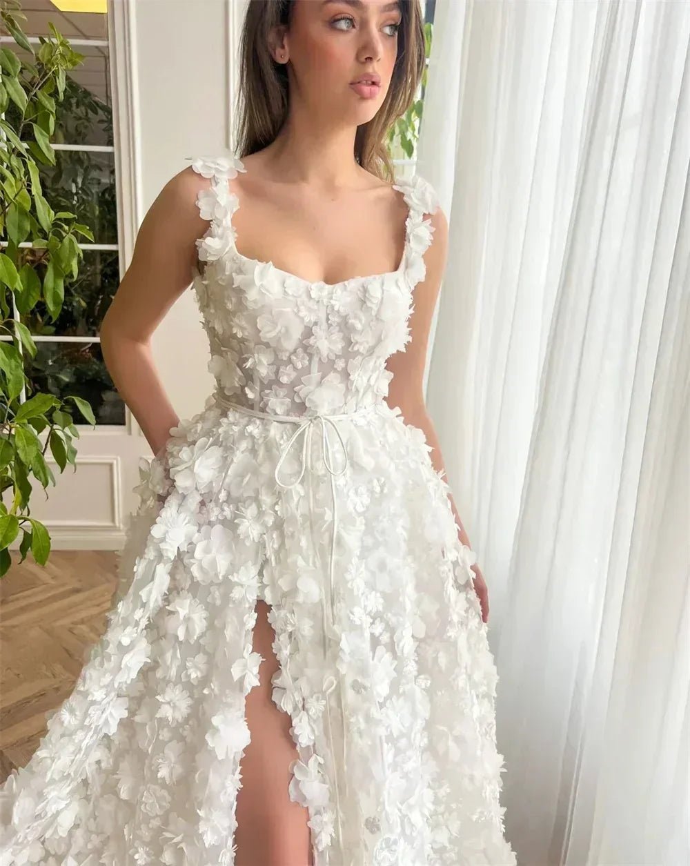 Kyoto Beige Wedding Dress | 3D Flower Lace-Up Back Gown -femstylo - Luzilly Bridal & Apparel