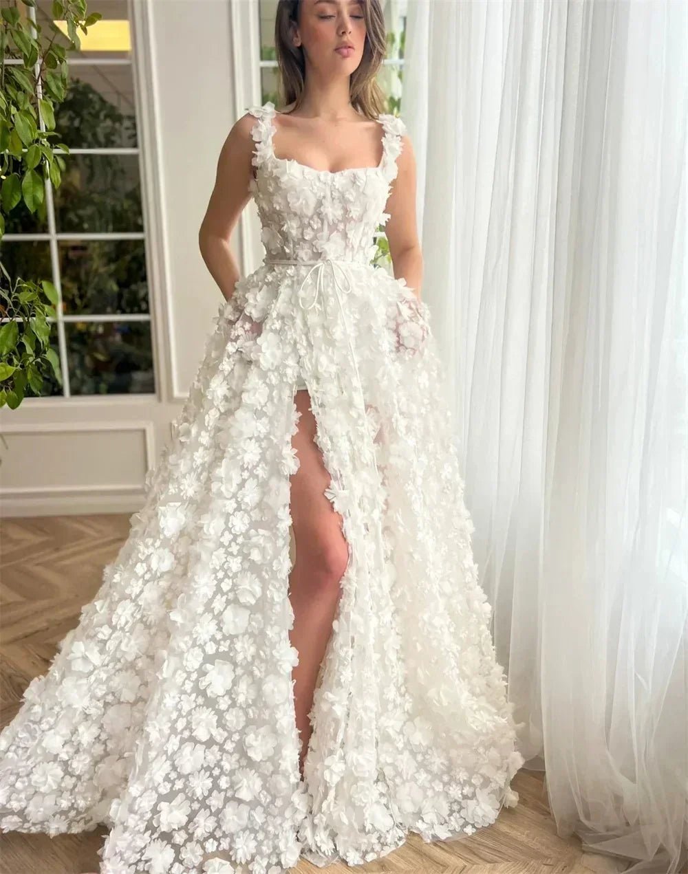 Kyoto Beige Wedding Dress | 3D Flower Lace-Up Back Gown -femstylo - Luzilly Bridal & Apparel