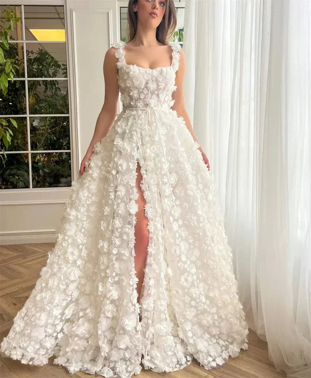 Kyoto Beige Wedding Dress | 3D Flower Lace-Up Back Gown -femstylo - Luzilly Bridal & Apparel