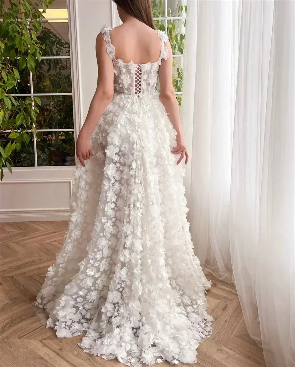 Kyoto Beige Wedding Dress | 3D Flower Lace-Up Back Gown -femstylo - Luzilly Bridal & Apparel
