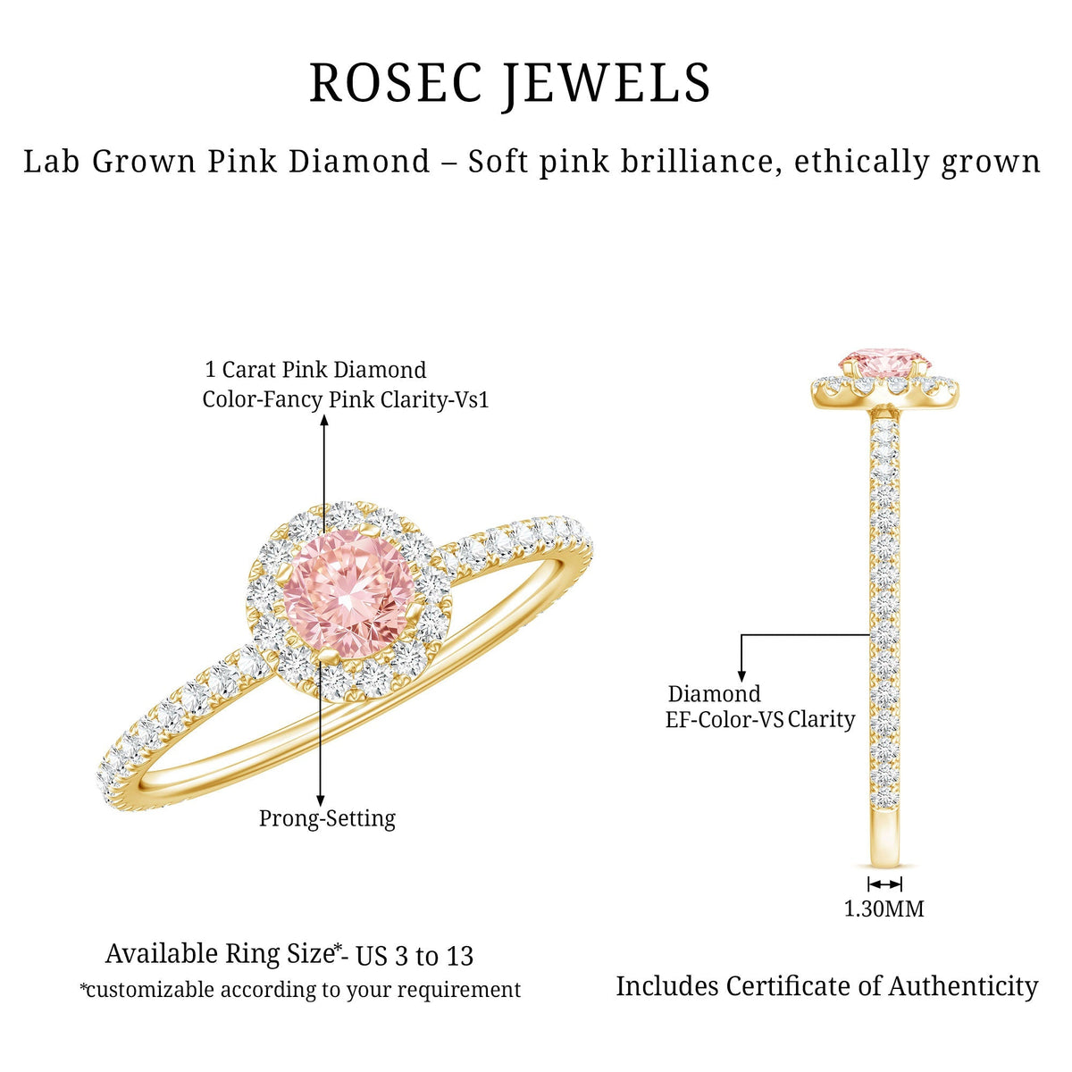 Lab Grown Pink White Diamond Halo Engagement Ring with IGI Certificate - Luzilly Bridal & Apparel