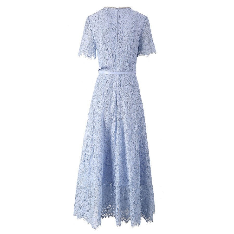 Lace A-Line Midi Dress with Rhinestone Bow Belt - Luzilly Bridal & Apparel