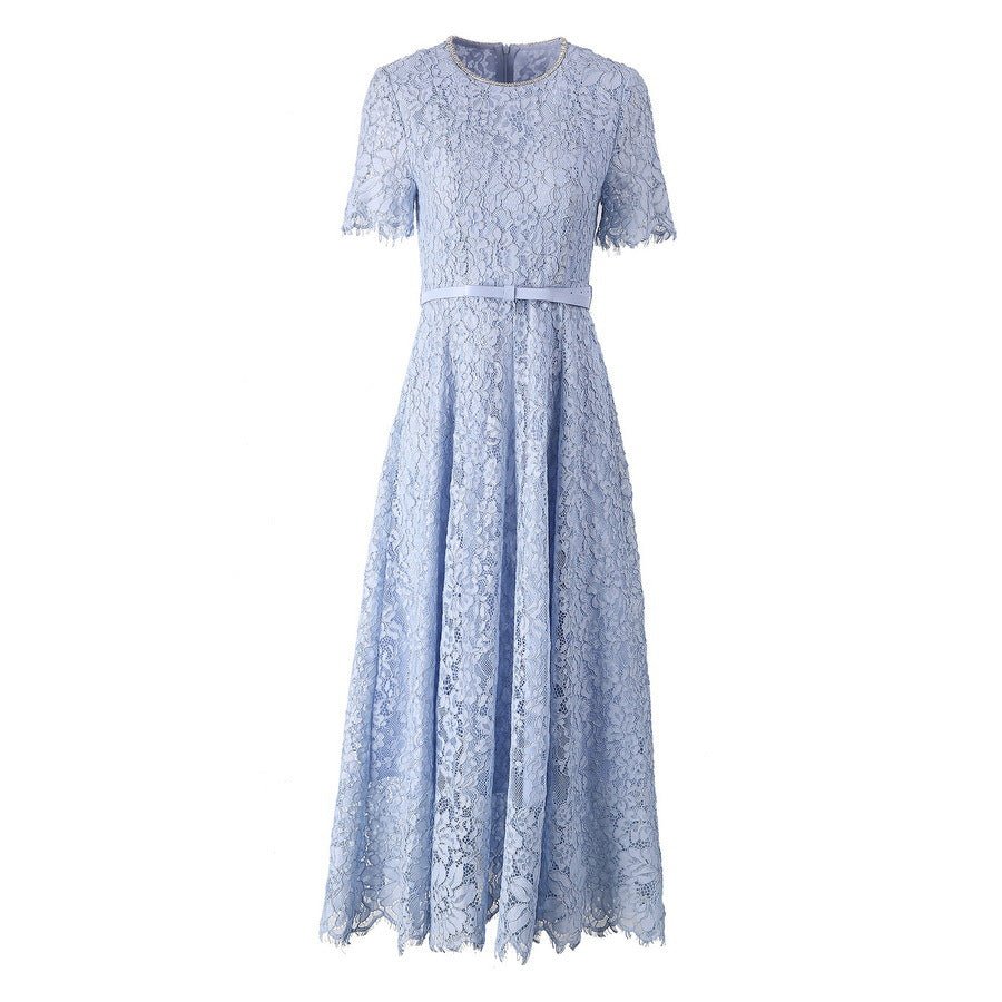 Lace A-Line Midi Dress with Rhinestone Bow Belt - Luzilly Bridal & Apparel