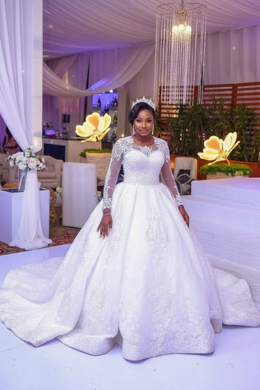 Lace African Wedding Dress with Long Sleeves