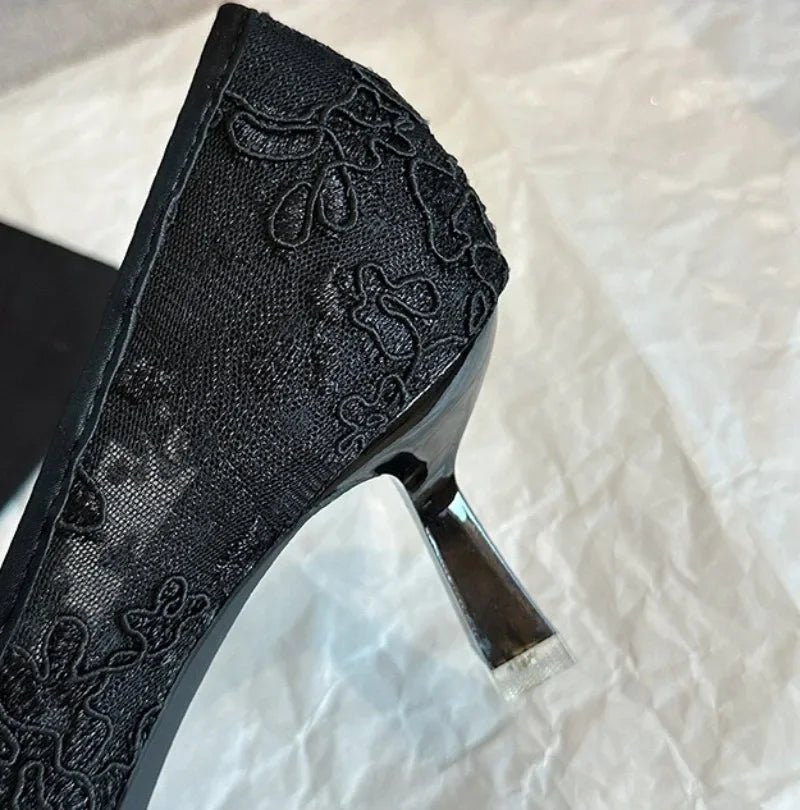 Lace and Bow Mesh Pointed-Toe Bridal Pumps - Luzilly Bridal & Apparel