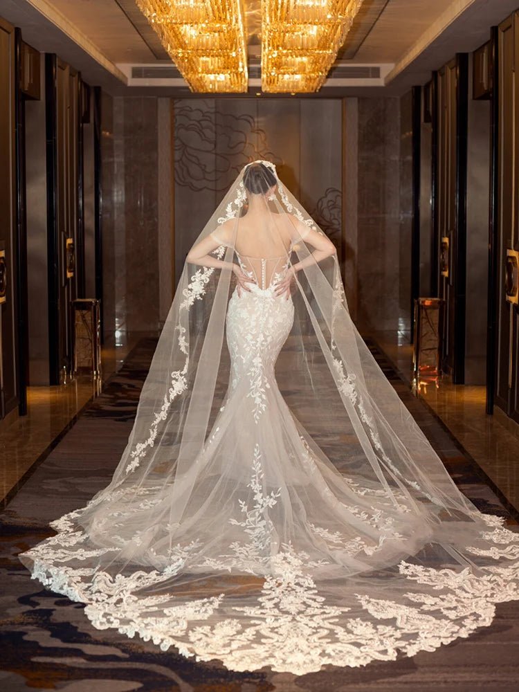 Lace Appliqué Cathedral-Length Bridal Veil - Luzilly Bridal & Apparel