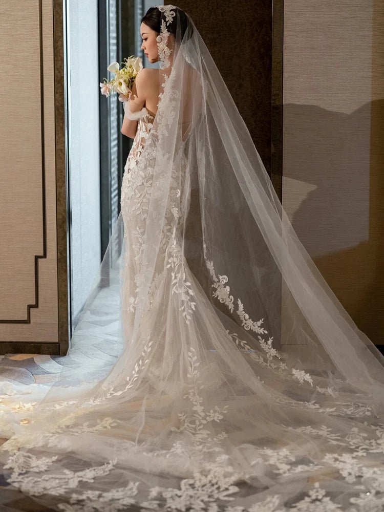 Lace Appliqué Cathedral-Length Bridal Veil - Luzilly Bridal & Apparel