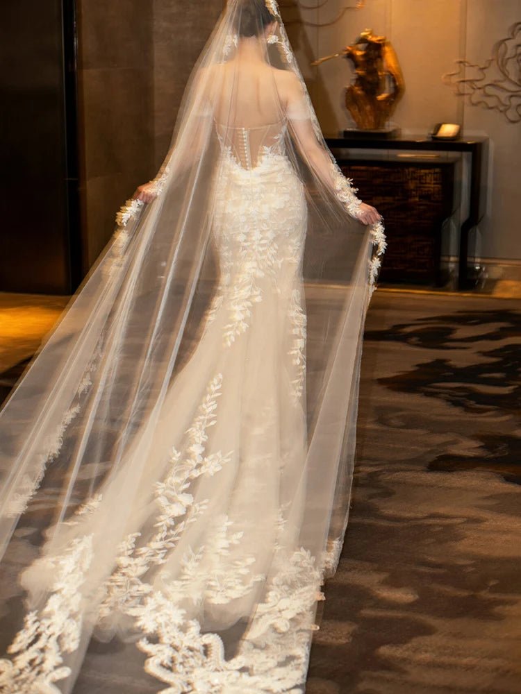 Lace Appliqué Cathedral-Length Bridal Veil - Luzilly Bridal & Apparel