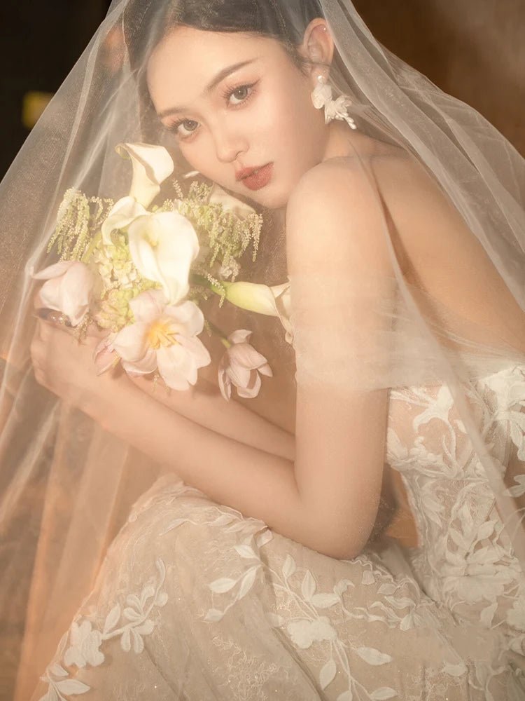 Lace Appliqué Cathedral-Length Bridal Veil - Luzilly Bridal & Apparel