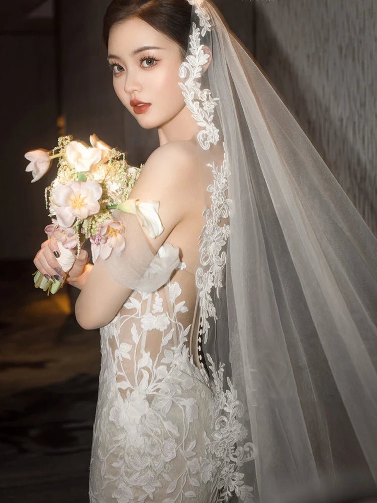 Lace Appliqué Cathedral-Length Bridal Veil - Luzilly Bridal & Apparel