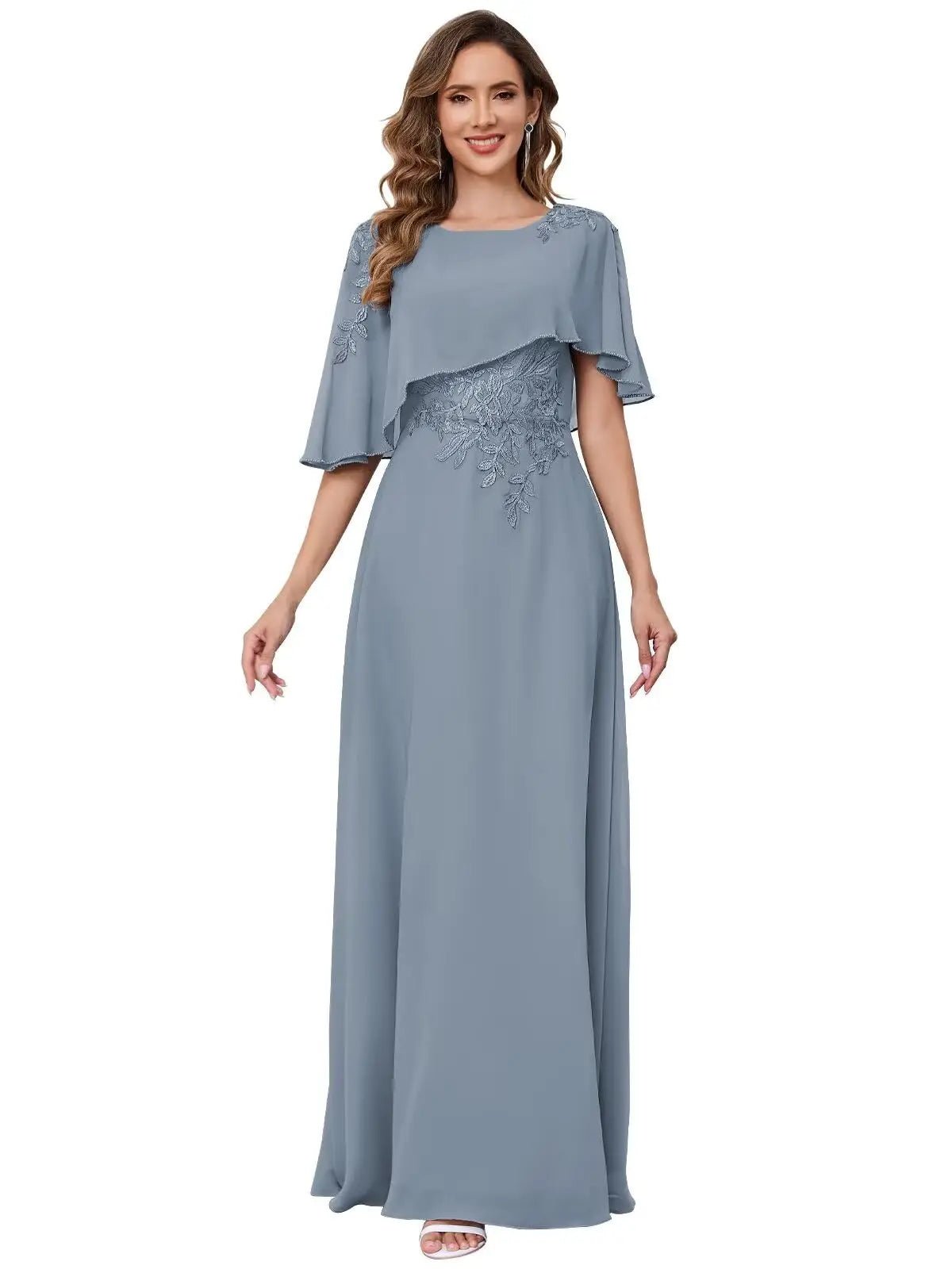 Lace Appliqué Sequin Chiffon Mother of the Bride Dress with Cape - Luzilly Bridal & Apparel