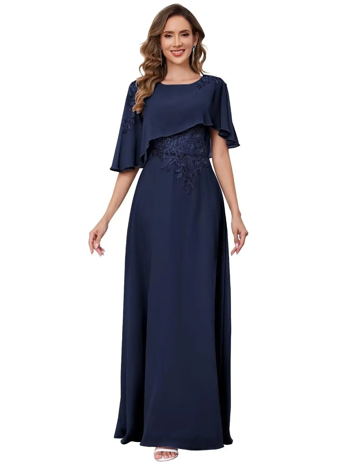 Lace Appliqué Sequin Chiffon Mother of the Bride Dress with Cape - Luzilly Bridal & Apparel
