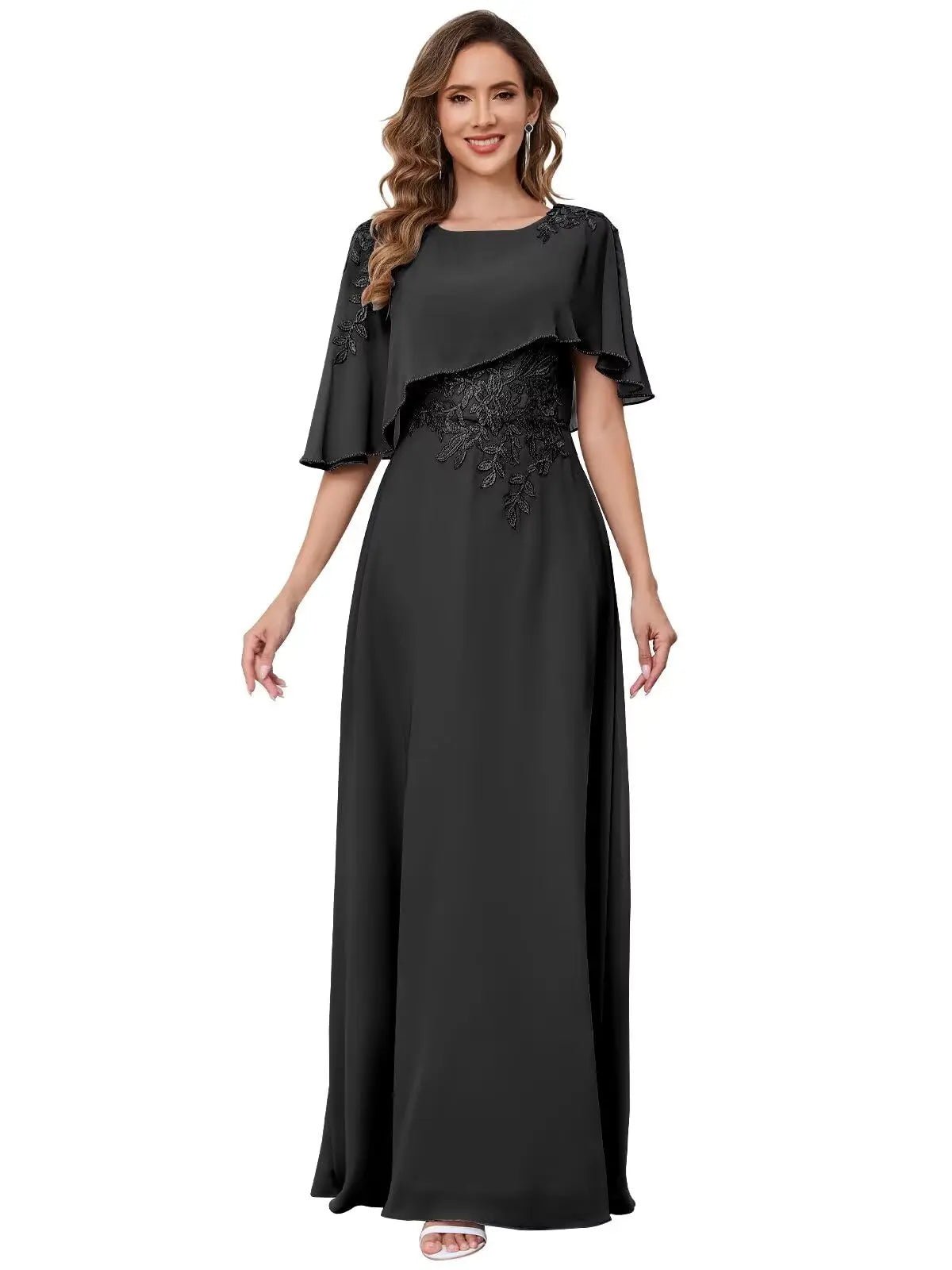 Lace Appliqué Sequin Chiffon Mother of the Bride Dress with Cape - Luzilly Bridal & Apparel