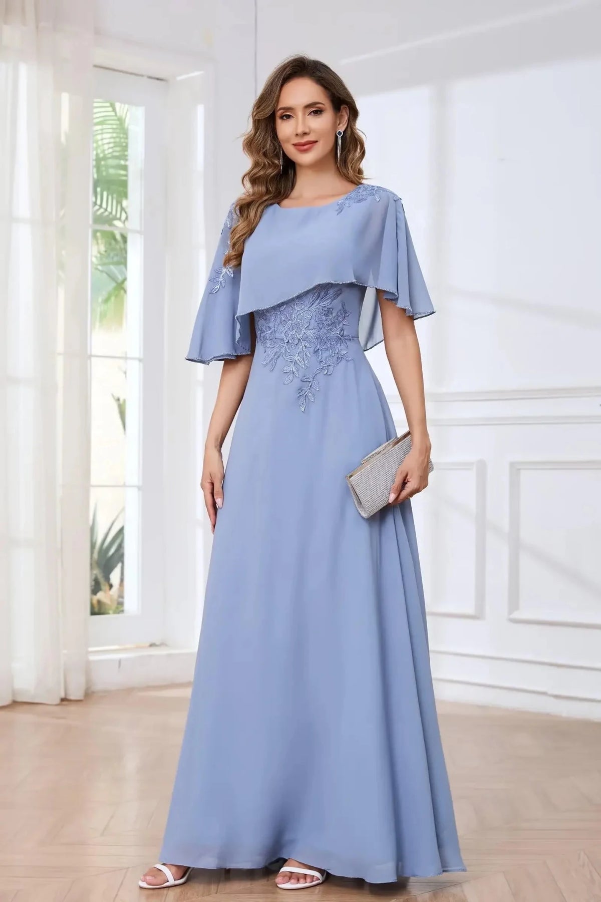 Lace Appliqué Sequin Chiffon Mother of the Bride Dress with Cape - Luzilly Bridal & Apparel