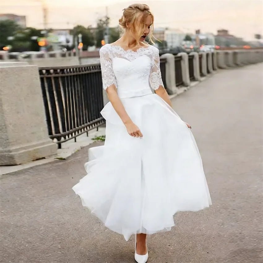 Lace Appliqué Tea-Length A-Line Wedding Dress - Luzilly Bridal & Apparel