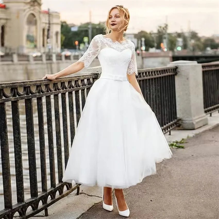 Lace Appliqué Tea-Length A-Line Wedding Dress - Luzilly Bridal & Apparel
