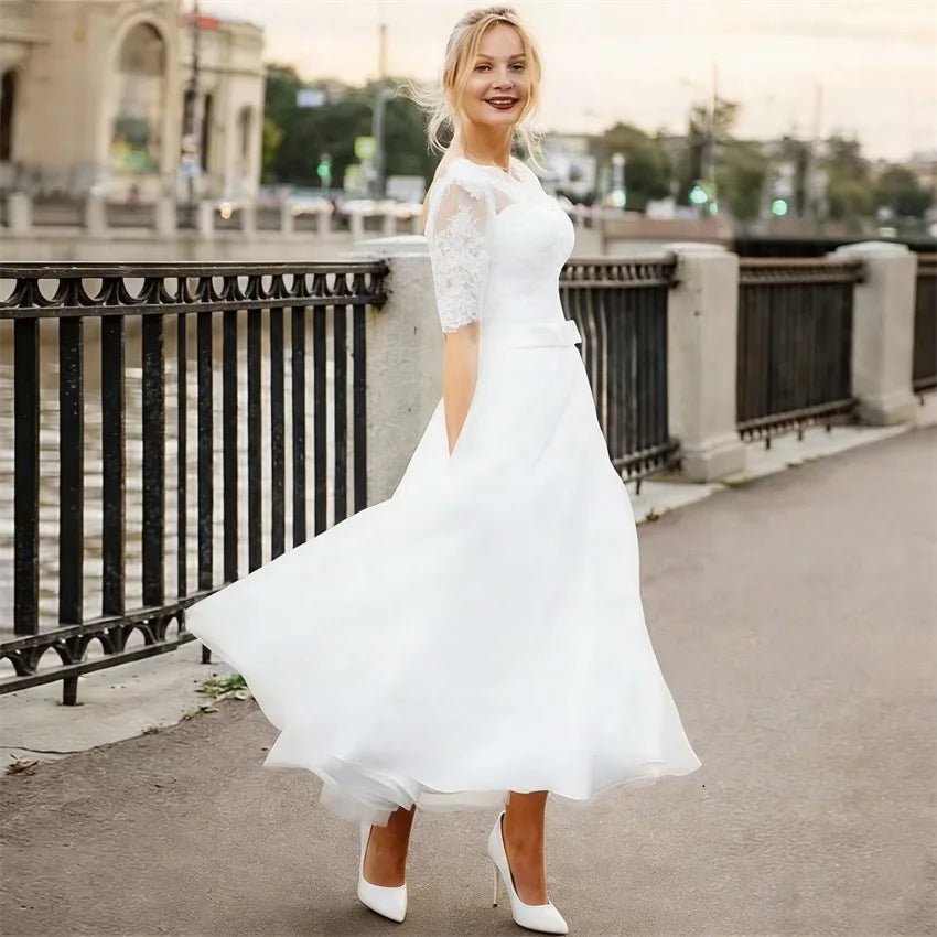 Lace Appliqué Tea-Length A-Line Wedding Dress - Luzilly Bridal & Apparel